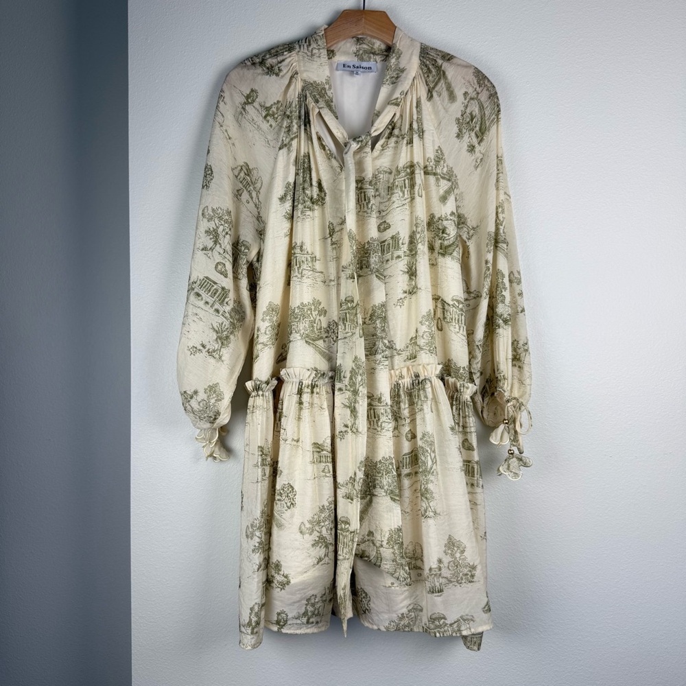 En Saison Cream Olive Leighton Toile Minidress Printed Long Sleeve Size Medium - Picture 5 of 16